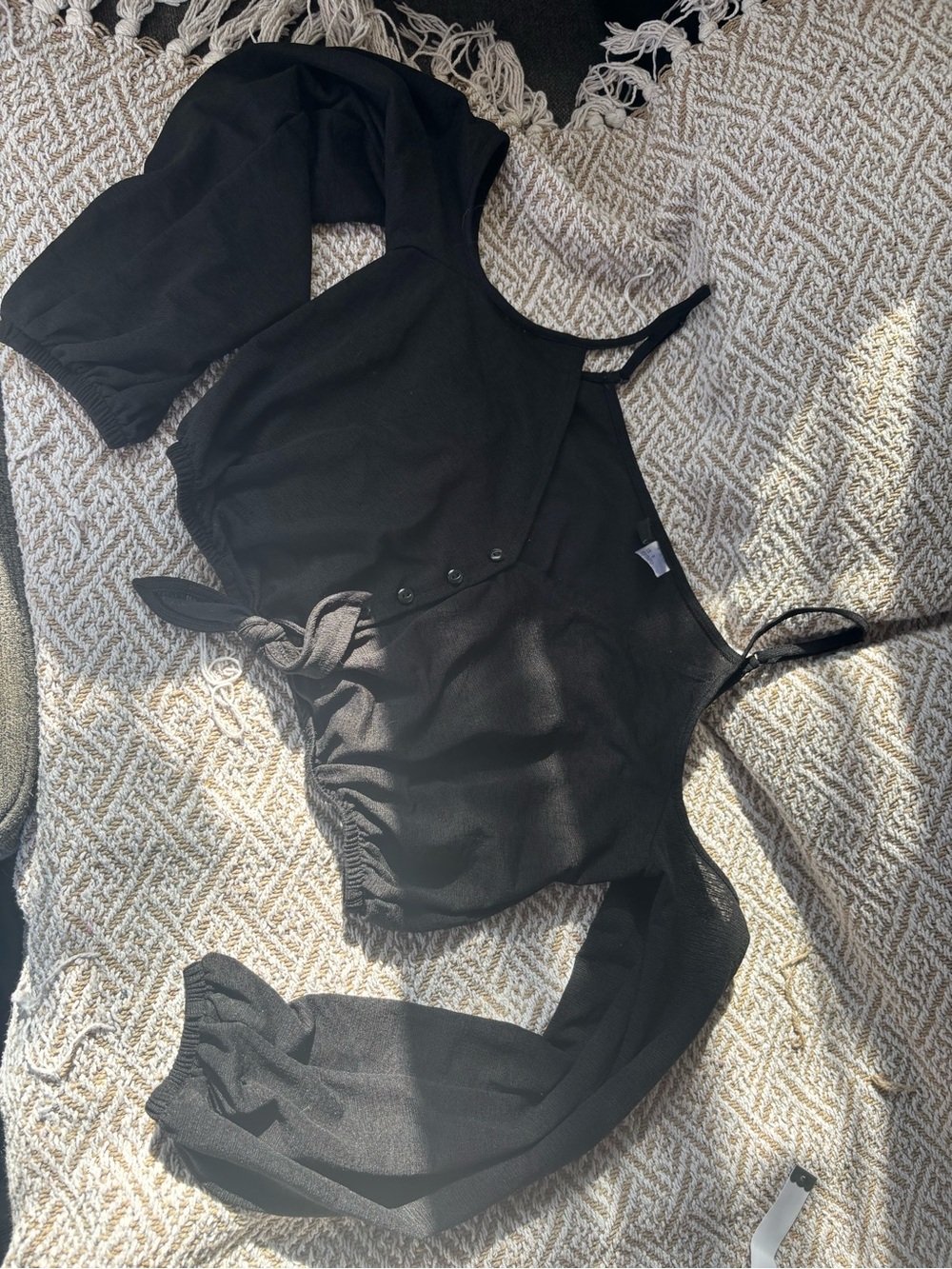 Black Puff Sleeve Crop Tie-Waist Cami